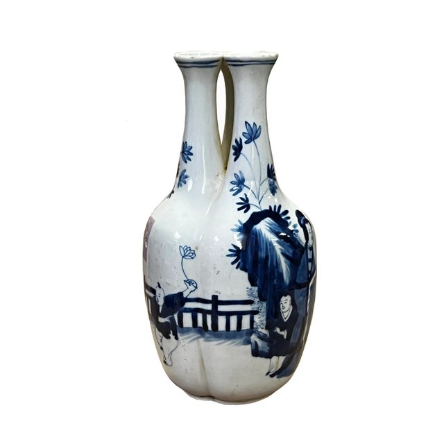 Chinese Blue White Porcelain 3 Mouths Ladies Kids Theme Vase Display For Sale In San Francisco - Image 6 of 7