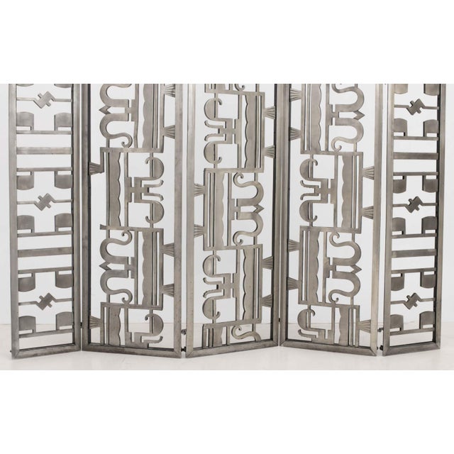 Art Deco Geometric Openwork Aluminum Five Panel Floor Screen. Largest panel: 63" H x 15" W. Provenance: The Estate of Tony...