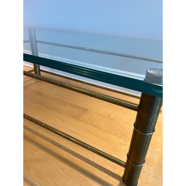 Mid-Century Modern 1970s Faux Bamboo Aged Brass and Beveled Glass Coffee Table Attributed to Mastercraft For Sale - Image 3 of 13