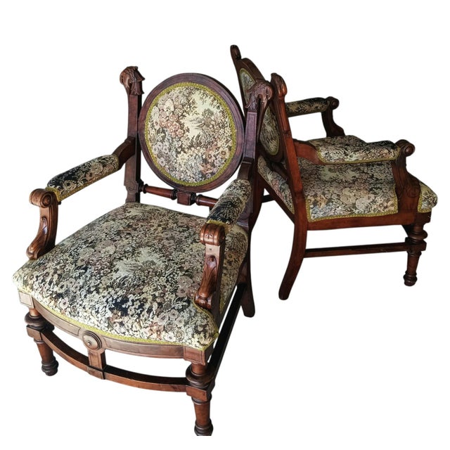 Rare Pair of Antique Medallion Back Parlor Armchairs – Ornate Carved Wood & Floral Tapestry • The Medallion Back: The...