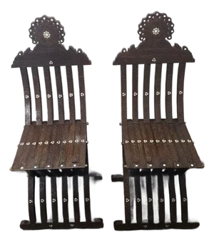 Late 19th Century Moroccan/ Syrian Mother-of-Pearl Walnut Wood Folding Pair of Chairs