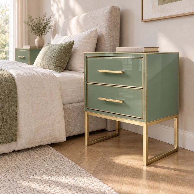 Sage Green Murano Glass Nightstands with Brass Frames from Justfurnituress SRL, Set of 2 For Sale - Image 6 of 8