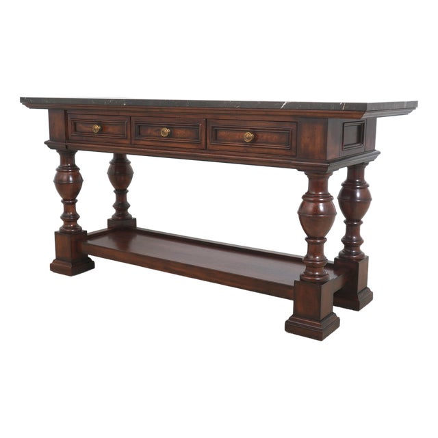 Henredon 3 Drawer 2 Tier Marble Top Console Table For Sale