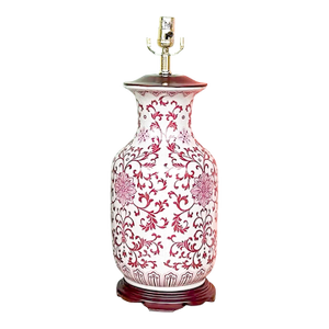 Mid 20th Century Chinoiserie Ginger Jar Table Lamp Rose Floral Scroll Wood Base