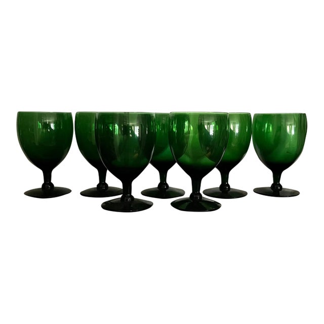 Anglo Irish Emerald Green White Wine Glasses or Water Goblets - a Set of 7 For Sale