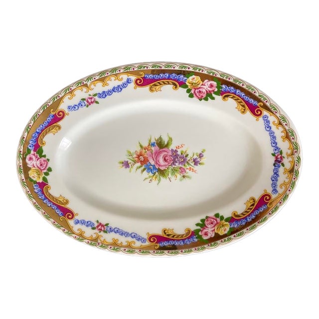 Mid 20th Century Limoges French Roses Porcelain Oval Serving or Jewelry Dish With Golden Accents For Sale
