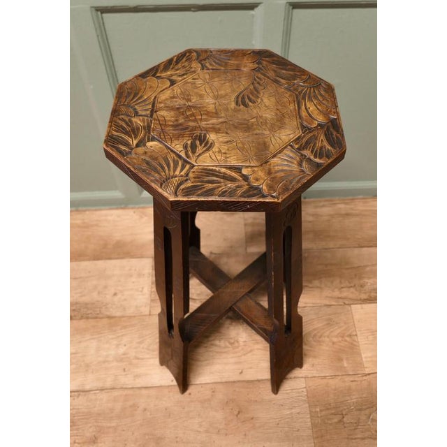 Antique Arts and Crafts Carved Elm Octagonal Plant Stand from Liberty & Co, 1880 For Sale - Image 3 of 7