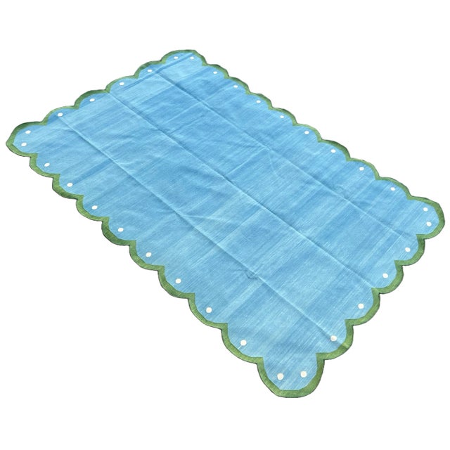 Mid-Century Modern Handmade Cotton Scalloped Reversible Rug, Sky Blue and Forest Green Dhurrie-12'x15' For Sale - Image 3 of 10