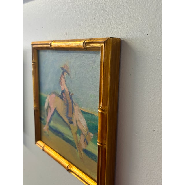 An original Western landscape capturing the quiet strength and movement of horse and rider. Painted in expressive, loose...