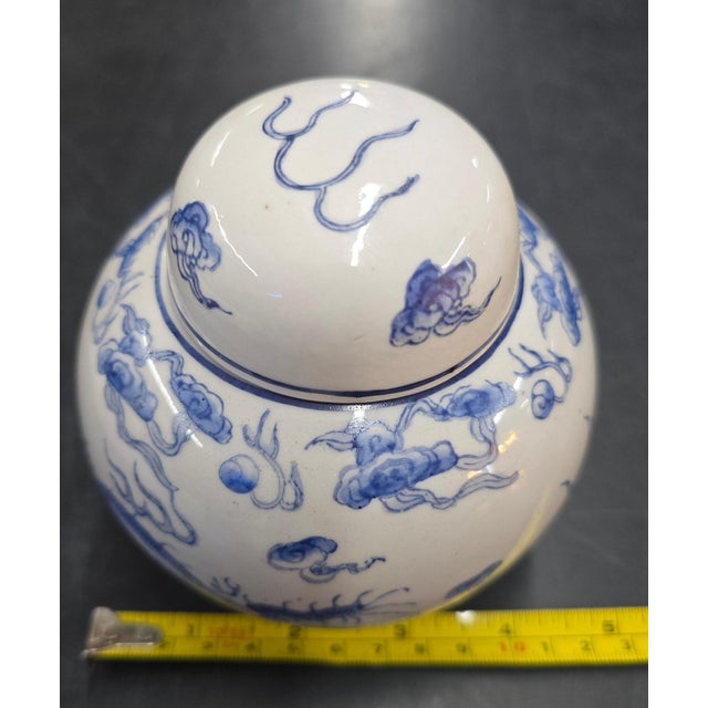 White Vintage Hand-Painted Blue and White Dragon Ginger Jar With Matching Lid For Sale - Image 8 of 9