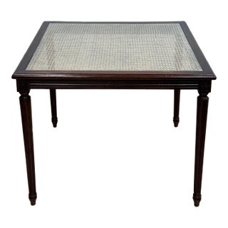 Vintage Carved Wood Caned Game Table W/ Inset Glass Top For Sale