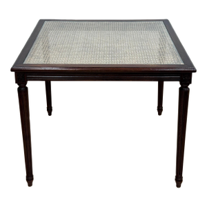Vintage Carved Wood Caned Game Table W/ Inset Glass Top