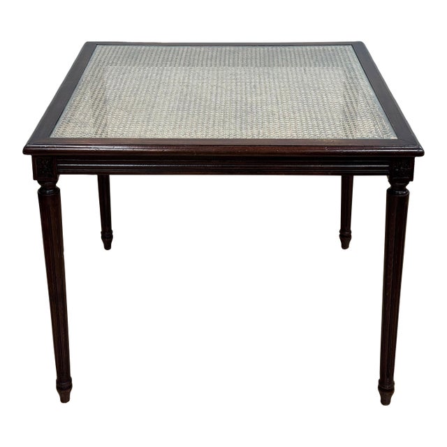 Vintage Carved Wood Caned Game Table With Inset Glass Top For Sale
