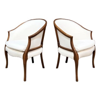 Vintage Barrel Back Lounge Chairs in Walnut & Ivory Upholstery - A Pair For Sale