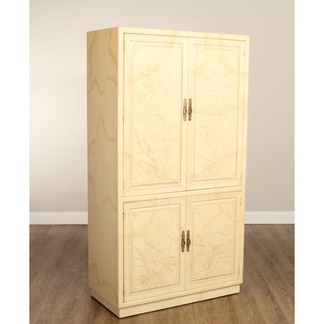 High Quality American Made Lacquered Armoire Chest with Two Pairs of Carved Doors, Top Opening to Adjustable Shelves and...