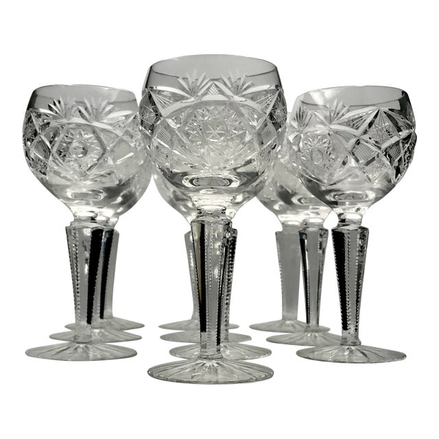 1950s American Brilliant Hobstar Hock Glasses - Set of 10 For Sale