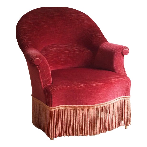 Vintage French Burgundy Cocktail Chair with Fringed Apron For Sale