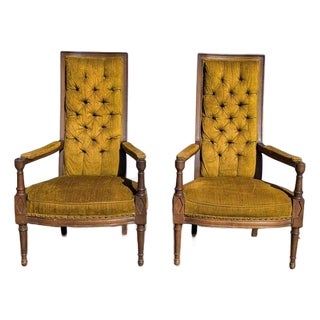 Hollywood Regency Tufted High-Back Armchairs in Gold Velvet Pair, 1960s For Sale