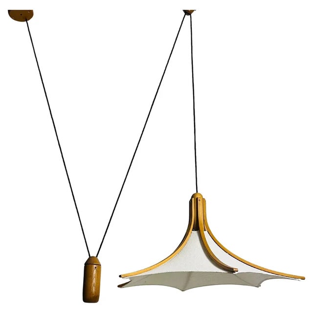 Brown Mid-Century Adjustable Wooden Pendant Lamp with Counterweight attributed to Domus, 1960s For Sale - Image 8 of 8