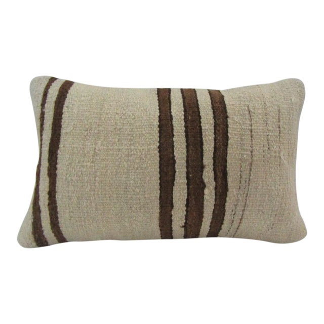 Handmade Brown Striped Natural Turkish Kilim Pillow Cover For Sale