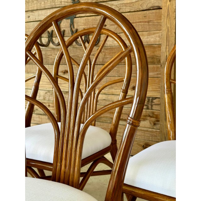 Set of 6 Restored Coastal Rattan Dining Chairs in White Sunbrella For Sale In Naples, FL - Image 6 of 11