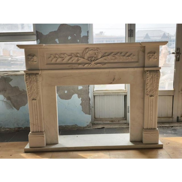 Neoclassical Hand-Carved White Marble Fireplace Mantle with Laurel and Rosette For Sale - Image 4 of 6