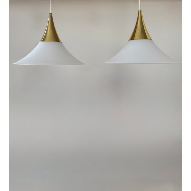 Pendant Lights in Brass and Opaline Glass from Limburg, Germany, 1970, Set of 2 For Sale - Image 4 of 8