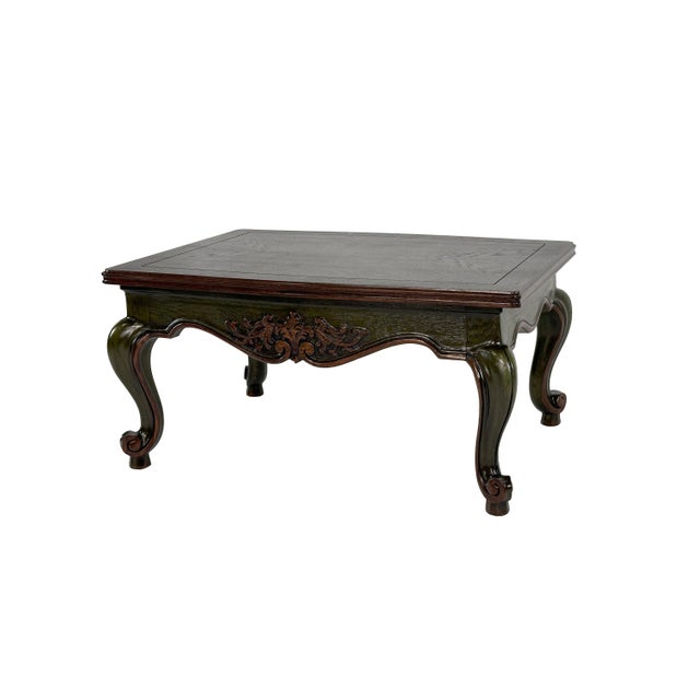 Fabulous French Provincial style coffee table made from solid wood with two-toned green and brown finish. Cabriole style...
