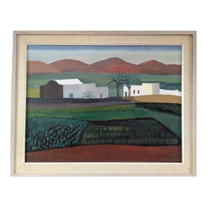Mid-Century Modern 'White Houses in the Fields' Vintage Original Landscape Oil Painting, Framed