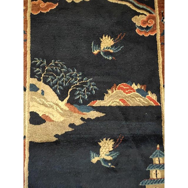 1930s Small Blue Fiel Antique Scenic Chinese Crane Design Peking Scatter Rug For Sale - Image 4 of 4