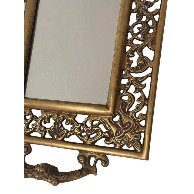 Vintage Brass Reticulated Vanity Mirror Tray, Pierced Acanthus Scroll, Figural Handles For Sale - Image 4 of 5