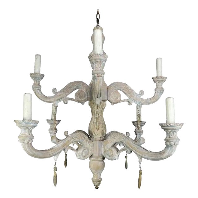 Eight-Light Carved Wood Chandelier With Tassels For Sale