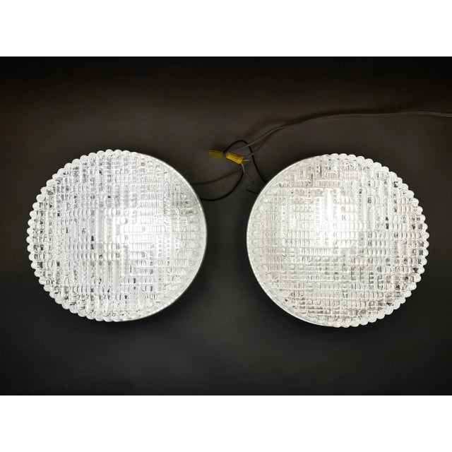 Pair of Prescolite Mid-Century Modern Flush Mount Ceiling Lights With Textured Glass by Putzer For Sale - Image 11 of 13