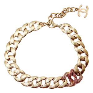 Chanel Rose Gold CC Fuchsia Crystal Chain Choker Necklace