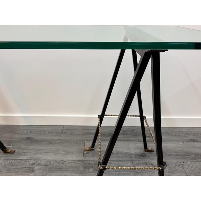 Brown Iron and Brass Trestle Console with Glass Top, 1950s For Sale - Image 8 of 14