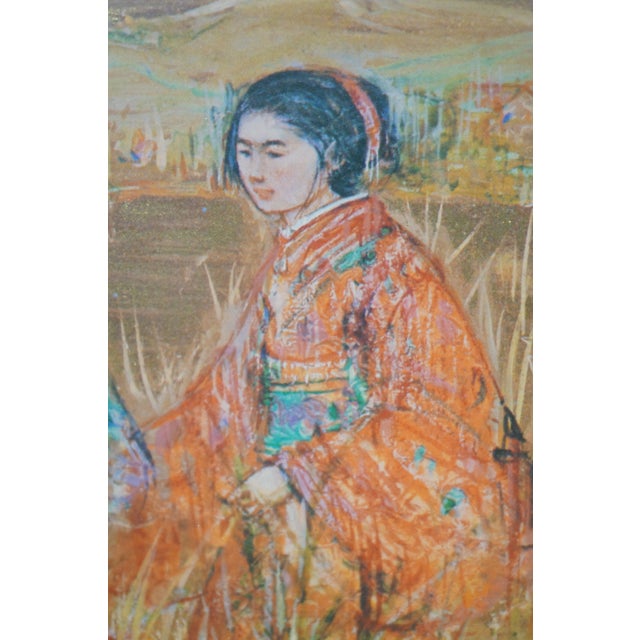 1980s Edna Hibel Japanese Ladies at Mountain & Mother Baby Oil Paintings - Set of 2 For Sale - Image 6 of 15