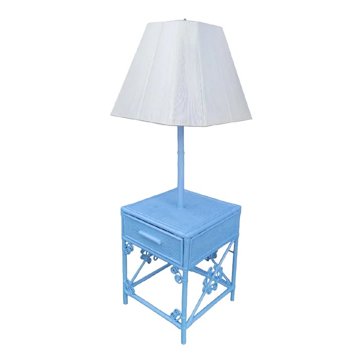 Vintage Painted Blue Wicker Bamboo 1 Drawer End Table Lamp Combination ...
