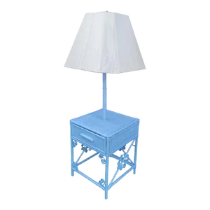 Vintage Painted Blue Wicker Bamboo 1 Drawer End Table Lamp Combination With White String Shade