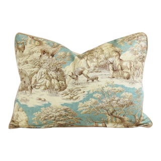 Aqua Toile Deer Rustic Woodland Trees & Meandering Stream Feather/Down Pillow 24” X 18” For Sale