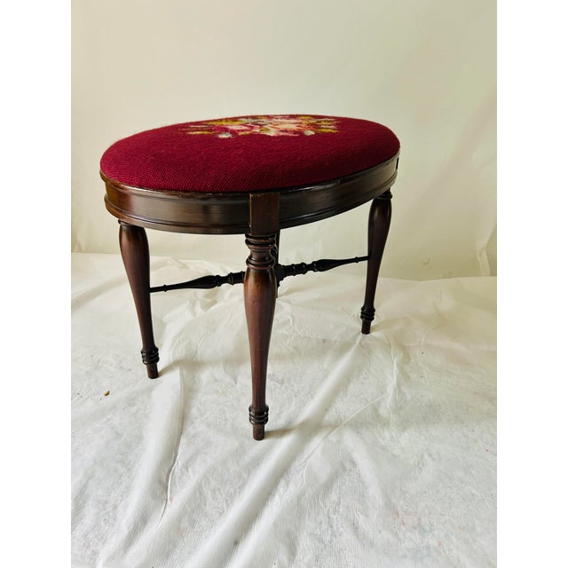 Victorian Vintage Oval Mahogany Wood With Handmade Needlepoint Bench /Stool For Sale - Image 3 of 7