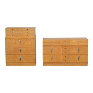 1950s United Birdseye Maple Tall Chest Dresser and Mid-Century Modern 9-Drawer Dresser Set by United Furniture - Set of 2 For Sale