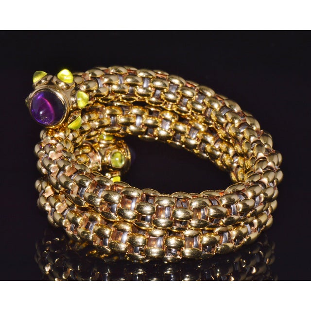 Gold Rare Vintage Fope 18k Gold Double Wrap Twist Snake Bracelet With Amethyst & Peridot For Sale - Image 8 of 15
