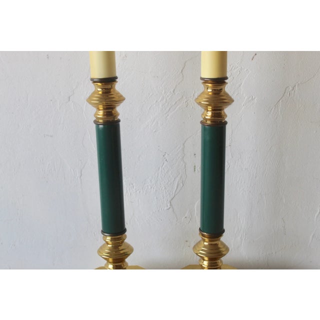 Vintage Tall Stiffel Style Brass Teal Candlestick Column Table Lamps Hollywood Regency- a Pair For Sale In Miami - Image 6 of 10