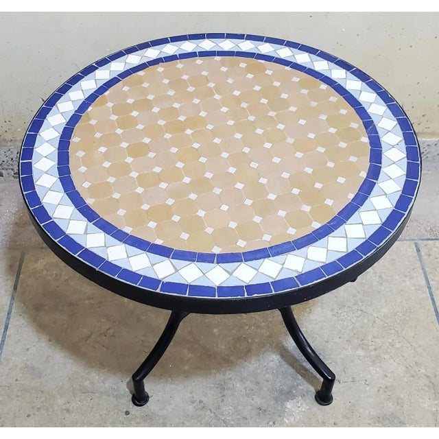 Metal 24" Multi-Color Moroccan Mosaic Table in Camel, Blue and White - 2 Pieces For Sale - Image 7 of 7
