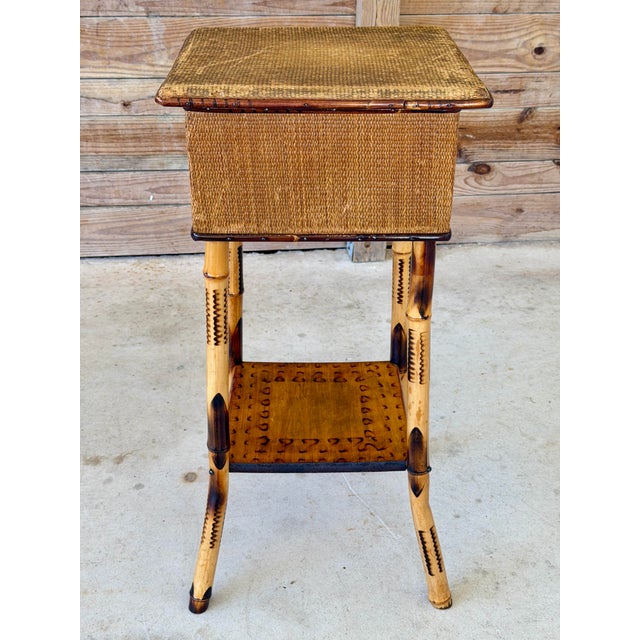 Wood Late 19th Century Restored Scorched Bamboo Sewing Stand With Woven Rattan Top For Sale - Image 7 of 11