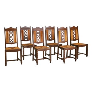 Set of 6 French Rush + Oak Dining Chairs, 1940s For Sale