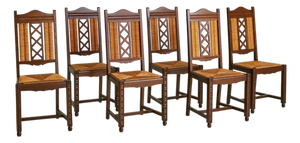 Set of 6 French Rush + Oak Dining Chairs, 1940s