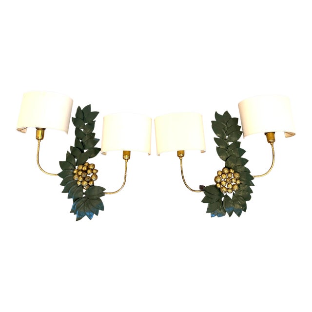 Bronze and Brass Sculptural Grape/Lemon Leaf Wall Sconces For Sale