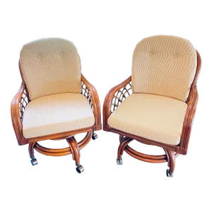 Rattan Grand Isle Swivel Tilt Caster Arm Chairs - Set of 2