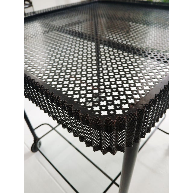 Mathieu Matégot Metal Bar Cart, Glass Lower Shelf, Pleated Apron, France, 1950s For Sale - Image 17 of 17